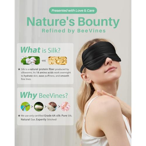 BeeVines Sleep Mask, 2 Pack 100% Real Natural Silk Eye Masks with Adjustable Strap for Sleeping, Mulberry Silk Eye Sleep Shade Cover, Blocks Light Reduces Puffy Eyes Traveling Gifts (Black & Black)