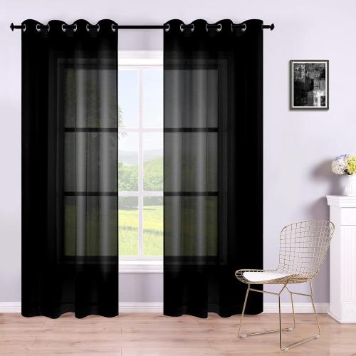 Semi-sheer black curtains for living room (set of 2 panels with grommets). Modern sheer black voile curtains for bedroom