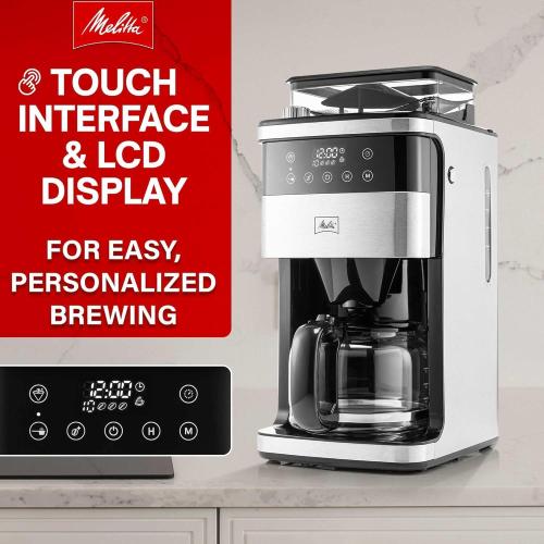 Melitta® Aroma Fresh™ Plus 10-Cup Coffee Maker with Built in Burr Grinder | Automatic Drip, Grind & Brew, 5-Pack Coffee Filters Included