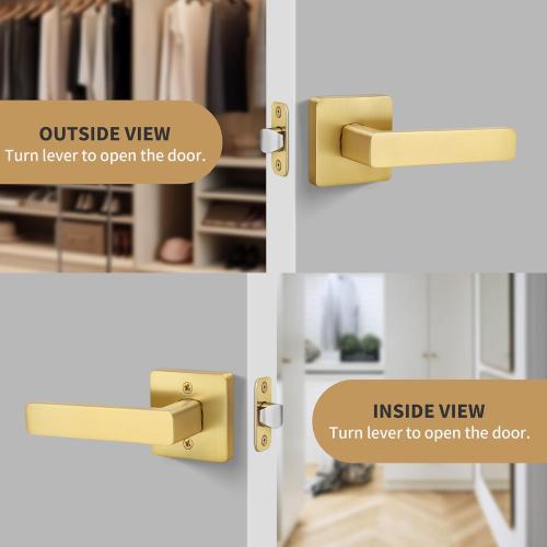 Brushed Gold Door Handles, Heavy Duty No Lock Passage Door Lever, Reversible Square Door Handle Without Lock for Hallway Closet Doors, Satin Brass