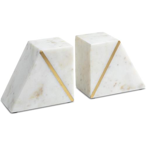 2 Pack White Marble and Gold Cork & Mill Marble Book Ends for Shelves, Decorative Bookends for Heavy Books, Unique Mid Century Modern White and Gold Bookends with Brass Inlay, Heavy Duty Bookshelf Stopper, Set of 2