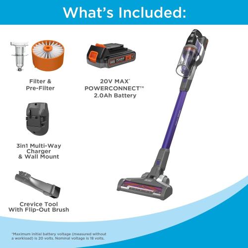 Purple BLACK DECKER Pet Hair Vacuum, Cordless Vacuum Cleaner Pet Hair, Up to 55 Minutes of Runtime, Interchangeable Floorhead, Maximum Suction, Multi-Surface, Light Weight, Powerseries Extreme (BSV2020P)