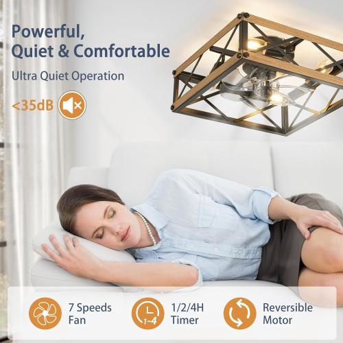 Caged Ceiling Fan with Lights, Farmhouse Rustic Square Flush Mount Ceiling Fan with Light and Remote, Reversible 7 Speeds Motor, Small Bladeless Ceiling Fans for Living Room, Bedroom, Kitchen