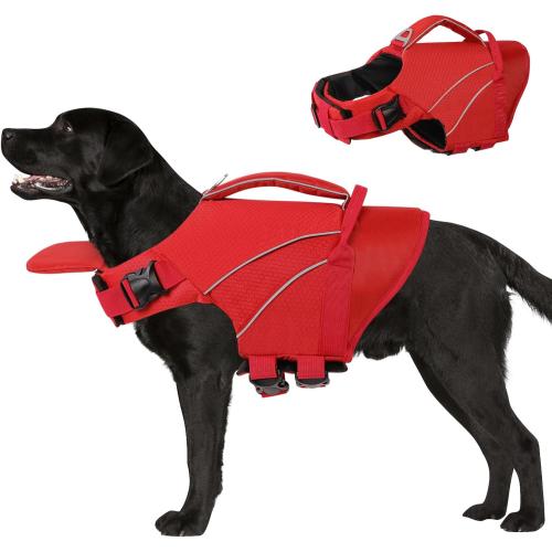 Queenmore Dog Life Jacket Large, Dog Pool Float with Chin Float, Large Pet Life Vest for Swimming, Adjustable Ripstop Life Preservers for Water at Pool, Beach, Boating (Red,XL)