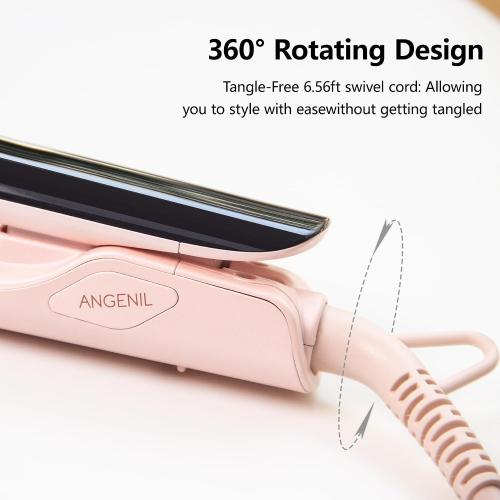 ANGENIL Pro Round Pink Dual Voltage Hair Straightener Irons, Titanium Flat Iron Hair Straightener and Curler 2 in 1 with Heat Resistant Silicone Mat, Smoothness, Large LCD Display, 20S Fast Heat Up