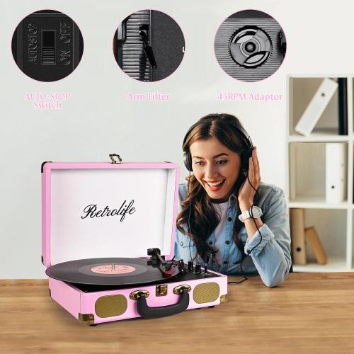 Vinyl Record Player 3-Speed Bluetooth Suitcase Portable Belt-Driven Record Player with Built-in Speakers RCA Line Out AUX in Headphone Jack Vintage Turntable Pink