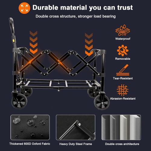Collapsible Wagon with All Terrain Wheels, Large Grocery Cart On Wheels, 220LBS Utility Folding Wagon for Camping Shopping Beach Sports Fishing, Black