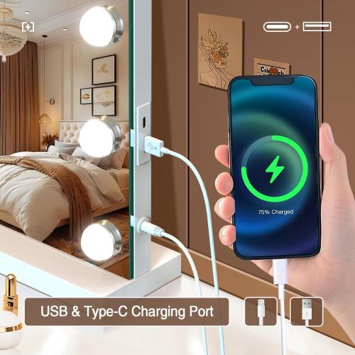 Vanity Mirror with Lights, Large Makeup Mirror with LED Lights, Smart Touch Dimmable 3-Color Light, Memory Function, USB Charging Port