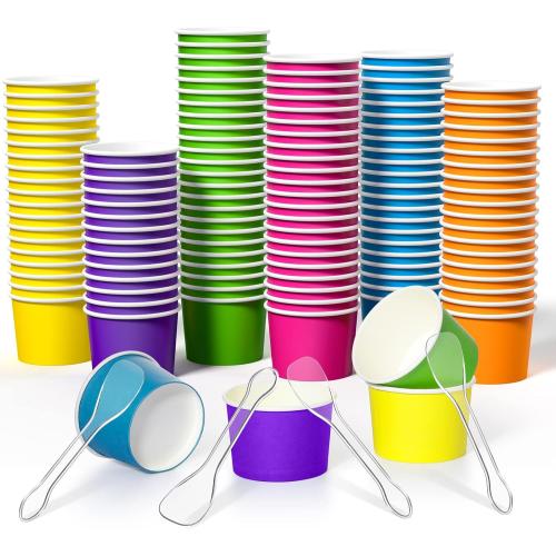 Boao 100 Set 5 oz Ice Cream Cups with Spoons Disposable Paper Sundae Dessert Bowls Summer Party Supplies (Colorful Style)