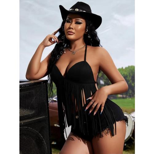 Verdusa Women's Medium Fringe Tied Backless Suede Halter Top Deep V Neck Going Out Tops Western Outfits