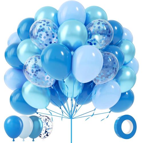 Metallic Blue Balloons, 80Pcs 12inch Chrome Light Macaron Matte Latex and Confetti Balloons for Birthday Wedding Baby Shower Party Supplies Decorations