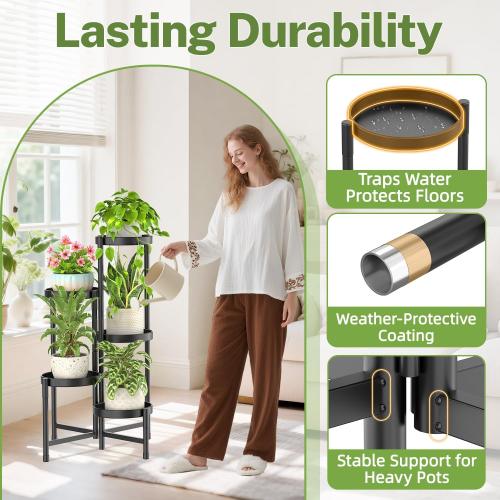 iDavosic.ly Plant Stand Indoor Outdoor, 5 Tier Corner Metal Flower Display Holder Shelf, Easy Assembly Folding Tall Orchid Rack for Patio Balcony Porch Garden Living Room House, Black