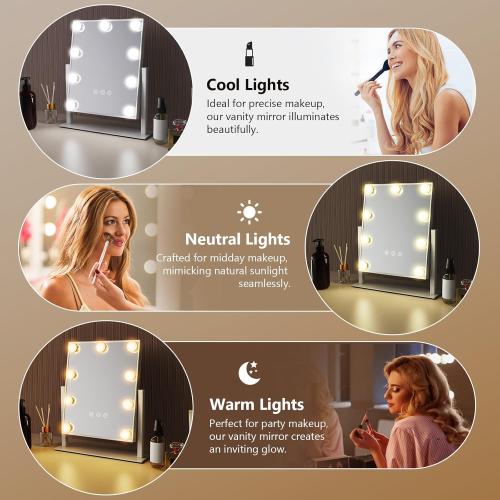 WHITE Hollywood Vanity Makeup Mirror with Lights - 9 LED Bulbs, Touch Control, 3 Colors Light, 360° Rotation, Light Up Vanity Mirror for Dressing Room & Bedroom