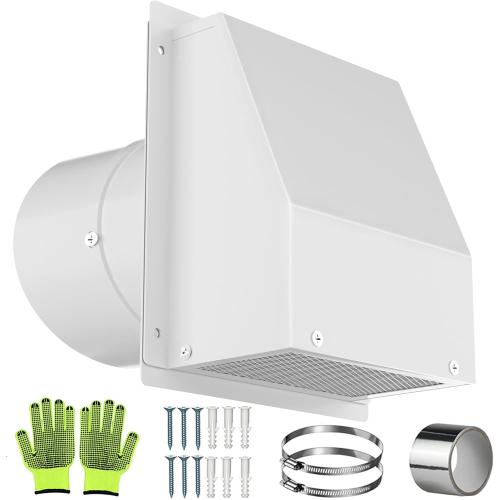 ‼️used missing pieces‼️10 Inch Hooded Wall Vent with Screen and Damper, Galvanized Steel Wall Vent Cap White Metal Hood Cover Exhaust Duct Kit with Hose Clamp Foil Tape Screws for Exterior Laundry Room Bathroom Basement