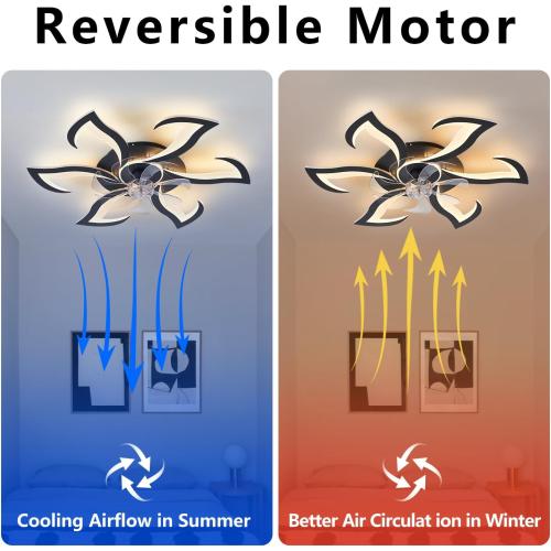 Black Flower Modern Ceiling Fans with Lights, Low Profile Ceiling Fan with Remote for Bedroom, 32inch Flush Mount Ceiling Fan with LED Dimmable Light,6-Speeds, Timing Ceiling Fan Light