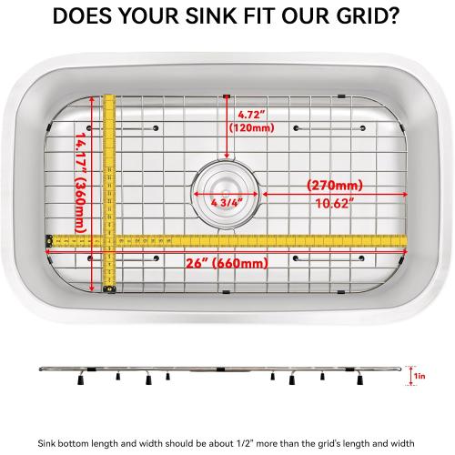 Sink Protector Grid 26-1/16 x 14-1/16,Centered Drain with Corner Radius 3-1/2, Stainless Steel Material(Centered Drain)