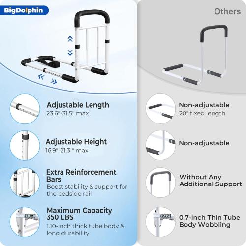 Bed Rails for Elderly Adults - ASTM Approved Adjustable Bed Cane with Non-Slip Ergonomic Handle & Storage Pocket, Bed Railings for Seniors Hold up to 350 LBS, Tool-Free