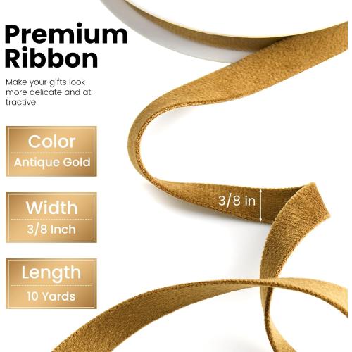 Antique Gold Velvet Ribbon, Double Faced 3/8 Inch 10-Yard Ribbon for Christmas Tree, Gift Wrapping, Bow Making, Handmade Crafts, Wreath Decoration