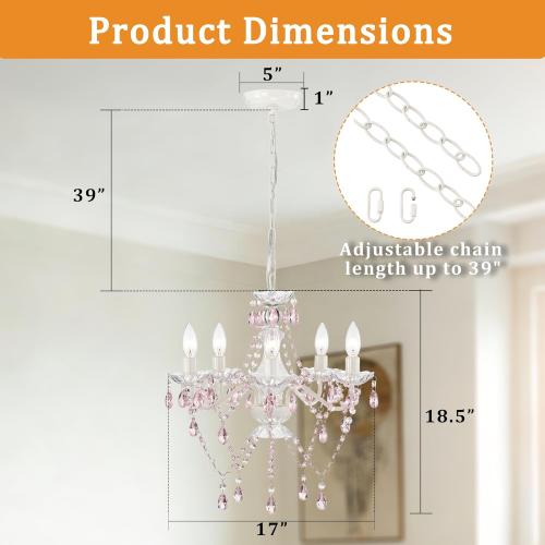 Small Pink and White Girls Bedroom Light – 5-Light Modern Acrylic Crystal Ceiling Fixture, Mini Chandelier for Kids Room, Dining Room, Living Room, Foyer