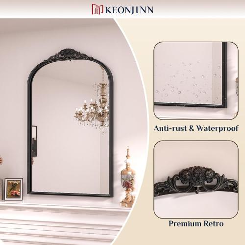 Keonjinn Antique Arched Mirror - 24 x 36, Black Vintage Wall Mirror with Metal Frame, Baroque Arch Design, Decorative for Mantle, Bathroom, Living Room, Hallway, Fireplace