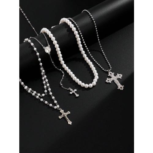 Silver Layered Cross Necklace Set For Women, 4Pcs Pearl Rosary Choker Chunky Christian Pendant Vintage Long Y Gold Necklace Stack Religious Statement Boho Gothic Adjustable Jewelry Gift
