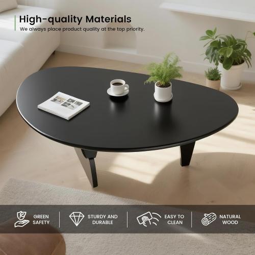 Solid Wooden Modern Triangle Coffee Table: Unique Funky Coffee Tables for Living Room, Oval Mid-Century Irregular Abstract Tea Tables for Patio Office Balcony Bedroom (Black, 43 L x 31 W x 16 H)