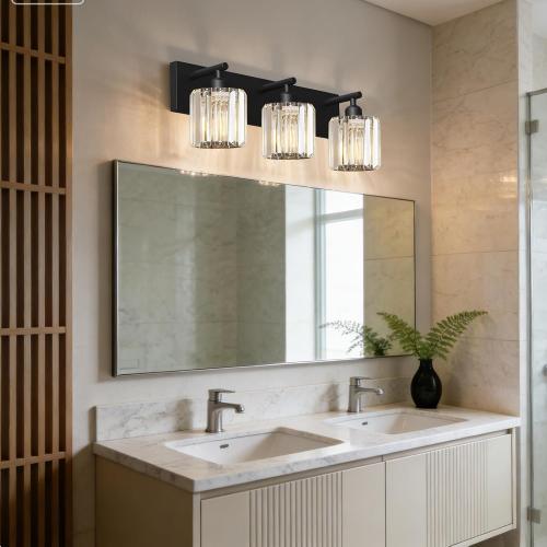 Black Crystal Bathroom Vanity Light, 3-Light Modern Bathroom Lighting Fixtures Over Mirror, Matte Black Wall Sconce Light Fixtures with Round Shade