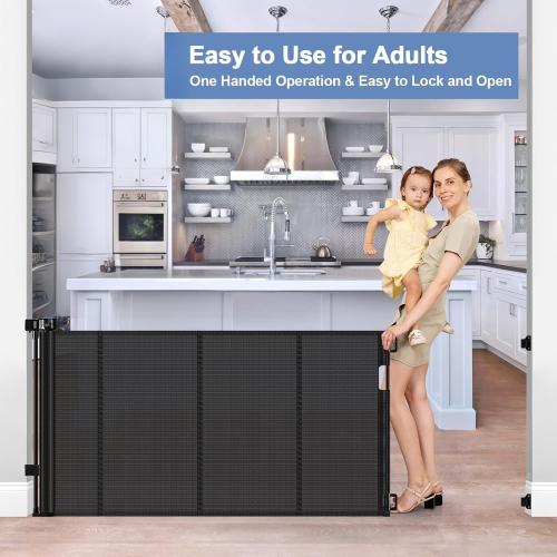 BLACK Reinforced Retractable Baby Gates with Support Beam 60 Wide Retractable Dog Gate Indoor Prevent Children and Dogs from Crawling Under Outdoor Dog Gate for Deck Mesh Gates for Kids or Pets, Black