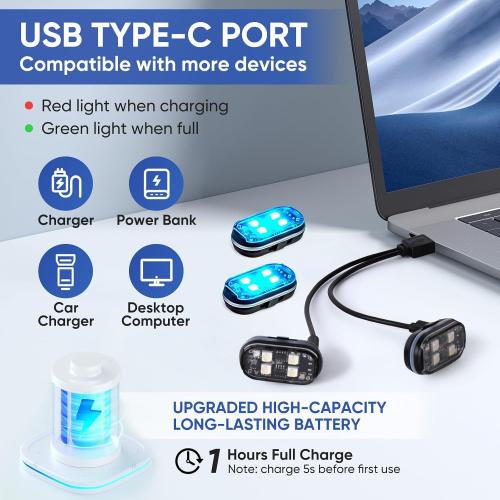 Upgraded 4LEDs 4PCS Wireless LED Strobe Lights with Remote Control, 8 Colors Type-C Rechargeable Led Lights Anti Collision Warning Light for Car Motorcycle Bike Drone Aircraft