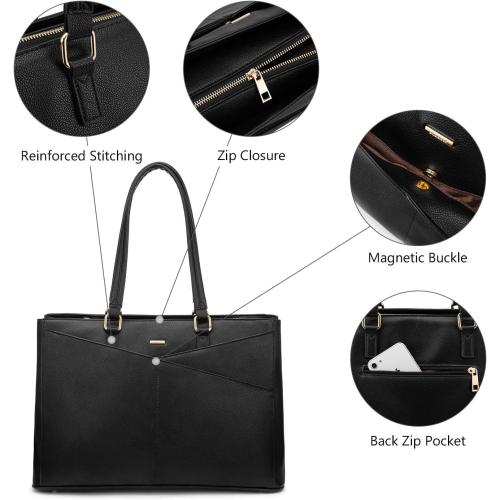LOVEVOOK Laptop Tote Bag for Women 15.6 Inch Waterproof Leather Computer Bags Business Office Work Briefcase Black
