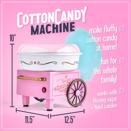 Nostalgia Vintage Hard and Sugar Free Candy Countertop Cotton Candy Maker, Includes 2 Reusable Cones And Sugar Scoop – Pink