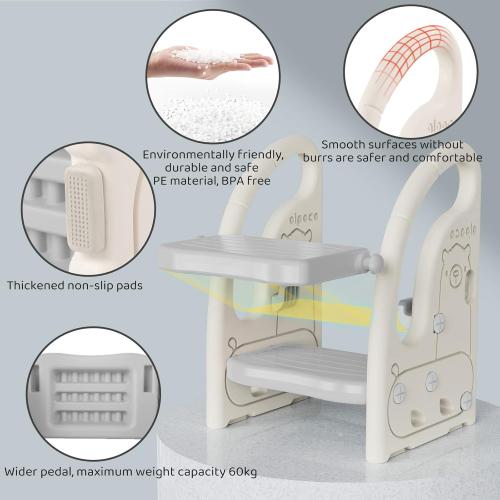 Color Grey Onasti Toddler Step Stool for Bathroom Sink, Adjustable 2 Step Stop for Kids with Handles, Toilet Stool Potty Training, Plastic Ladder Toddler Helper Stool for Bedroom Kitchen Counter Grey White