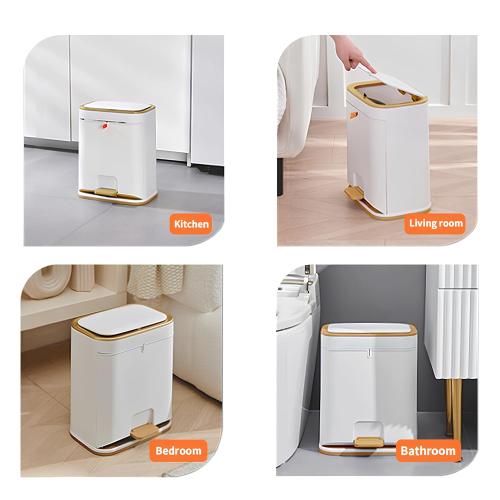 Size 3 gallon Color White and Gold Bathroom Trash Can with Lid, Plastic 3 Gallon Garbage can with Press top Lid Gold Step Pedal Trash can, Narrow White Trash bin for Bathroom, Bedroom, Restroom, Living Room, Office, Dog Proof Trash Can