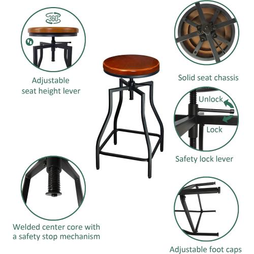 eHemco Adjustable Swivel Metal Kitchen Counter Height Backless Barstool with Wood Veneer Seat, Black, Set of 2