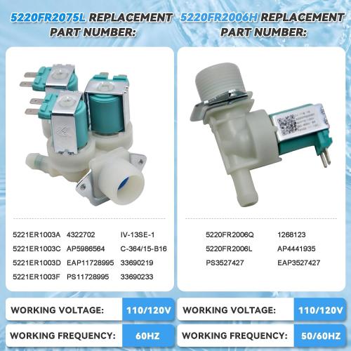 5220FR2075L And 5220FR2006H （Cold & Hot） Washer Water Inlet Valve Replacement for LG & Kenmore, Replace 5221ER1003A 5220FR2006L 5221ER1003C 5220FR2006Q 5221ER1003D etc.