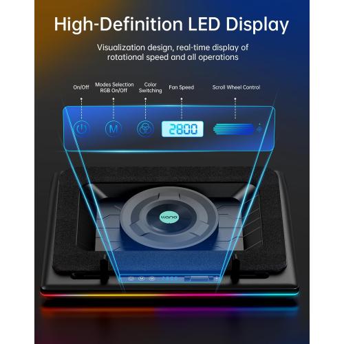 llano V12 RGB Laptop Cooling Pad, Gaming Laptop Cooler, Laptop Cooling Fan Stand with 5.5 Inch Powerful Turbofan, for 15.6-19in Laptop, Adjustable Speed, Touch Control, LCD Screen, Black (RGB)