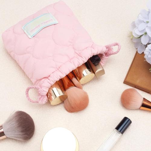 Cotton Quilted Drawstring Makeup Bag Small Cosmetic Bag Preppy Portable Toiletry Pouch for Purse Cute Pink Travel Organizer Bags Aesthetic Mini Storage Bags for Women Girls Kids Mama Gift