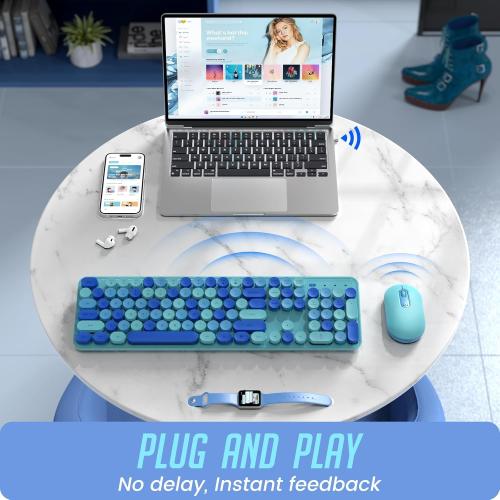 Wireless Keyboard and Mouse, LIZRROT Silent Keyboard Mouse Combo, Full-Sized Colorful Typewriter Keyboard with Round Keycaps, 2.4G Cute Mouse Compatible with PC/Laptop/Computer(Blue)
