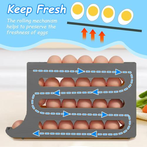 Egg Holder for Fridge, 4 Tiers Dispenser, 30 Egg Container Refrigerator, Large Capacity Organizer Automatic Fridge Rolling Egg Container for Pantry Countertop (Grey)
