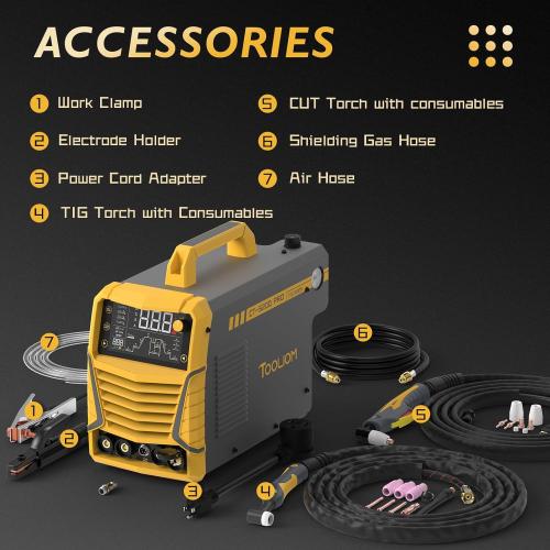 TOOLIOM CUT/HF TIG/Pulse TIG/Spot Welding/Stick 5 in 1 Portable Welding Machine: 50A Air Plasma Cutter, 200A TIG Welder, 180A Stick Welder, with Dual Voltage 110&220V