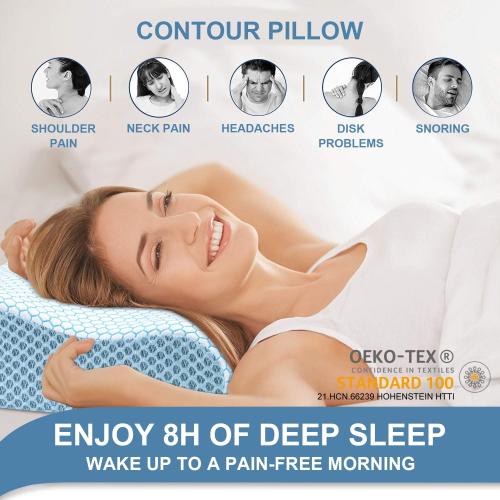 Anvo Memory Foam Pillow, Neck Contour Cervical Orthopedic Bed Pillow for Sleeping Side Back Stomach Sleeper, Ergonomic Design for Neck and Shoulder Pain Relief, Cyan, Firm