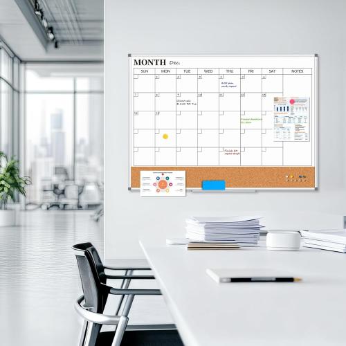 Large Monthly Dry Erase Calendar Whiteboard for Wall, 48 x 36 Double-Sided Big Calendar White Board Cork Board Combo, Aluminum Framed Month Planning Bulletin Board for Office, School, Home