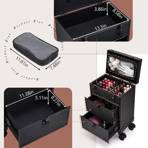 Size Medium Color Black Professional 3 in 1 Rolling Makeup Case Cosmetology Case on Wheels 2 Large Drawer Nail Case Trolley Traveling Cosmetic Train Case with Makeup Pouch for Artists Nail Technician Salon Cart Trunk Black