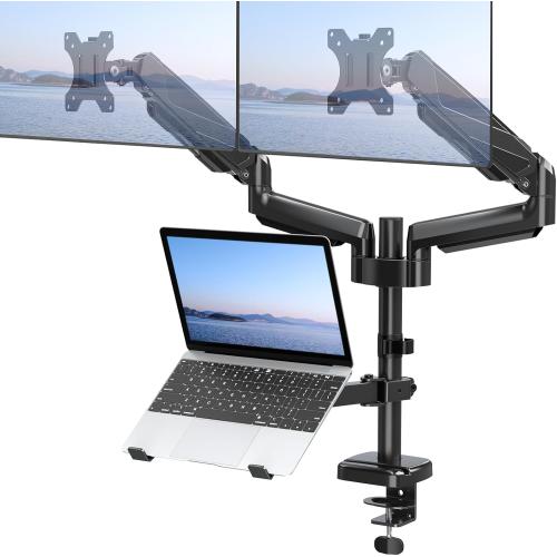 MOUNT PRO Monitor and Laptop Mount, Gas Spring Dual Monitor Arm Fit Two Max 27inch Computer Screens, Laptop Tray for Max 17 Inch Notebooks, 3-in-1 Laptop and Monitor Desk Mount