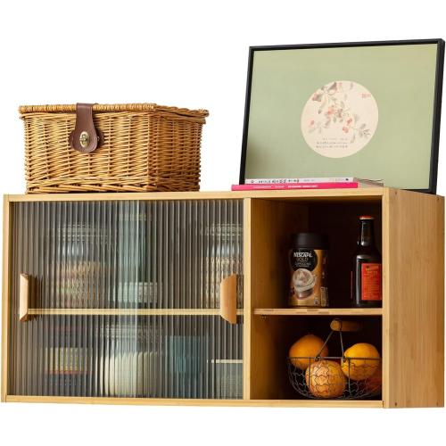 Tiita Small Kitchen Pantry Cabinet, Bamboo Wall Sideboard with Glass Doors, Cupboard Food Pantry Cabinet for Kitchen, Living Room and Dinning Bedroom