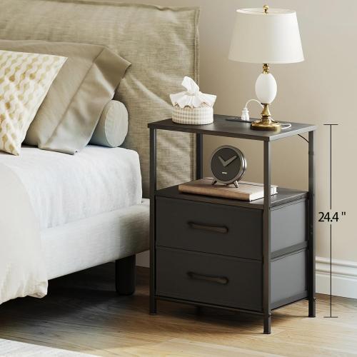 Nightstands Set of 2, Night Stand with Charging Station, Bedside Table with 2 Fabric Drawers for Bedroom, Small Side End Table with Open Shelf, Black