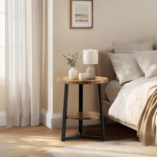 BLACK AND WOODEN COLORED PPAMAPIC Round End Table, 2 Tier Side Table with Storage Shelf, Nightstand Accent Table for Living Room Bedroom Small Space, Black Metal Frame, 19.7 D x 23.6 H, Rustic Brown