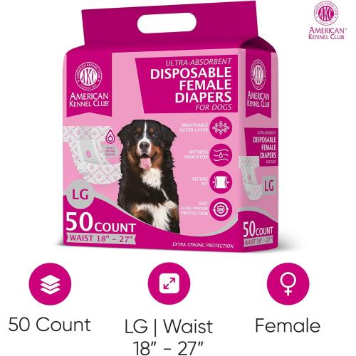 Size LG American Kennel Club Female Dog Wrap, Disposable Diapers with Wetness Indicator, Large, 50 Count