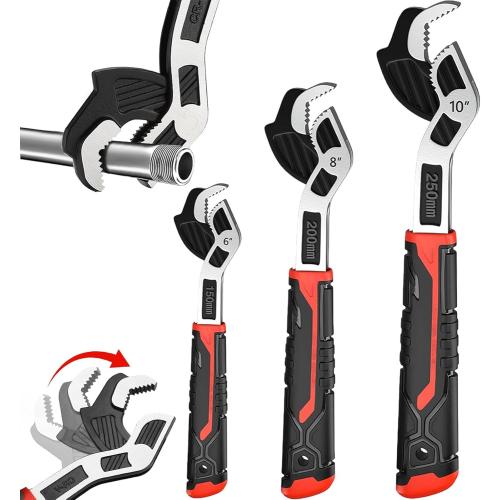 6” 8” 10” Multi-function Self-locking Pipe Wrench Set, Chromium Vanadium Steel,Plumbers Wrench with Self Tightening Function for 9/32”-1 3/8” (7-35mm) Pipe Fittings and Nuts (1set)