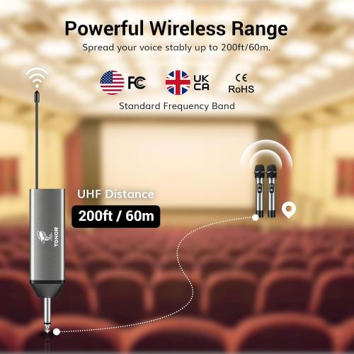 TONOR Wireless Microphones, 60 m/200ft UHF Dual Cordless Metal Dynamic Mic System with Receiver, Microfonos Inalambricos Professional for Karaoke Singing, Wedding, Party, Speech, Church, TW630 Silver